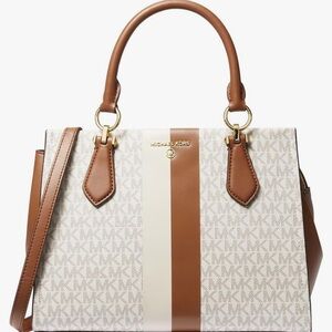NWT MSRP $298 Michael Kors Marilyn Vanilla/Luggage Satchel Crossbody Design